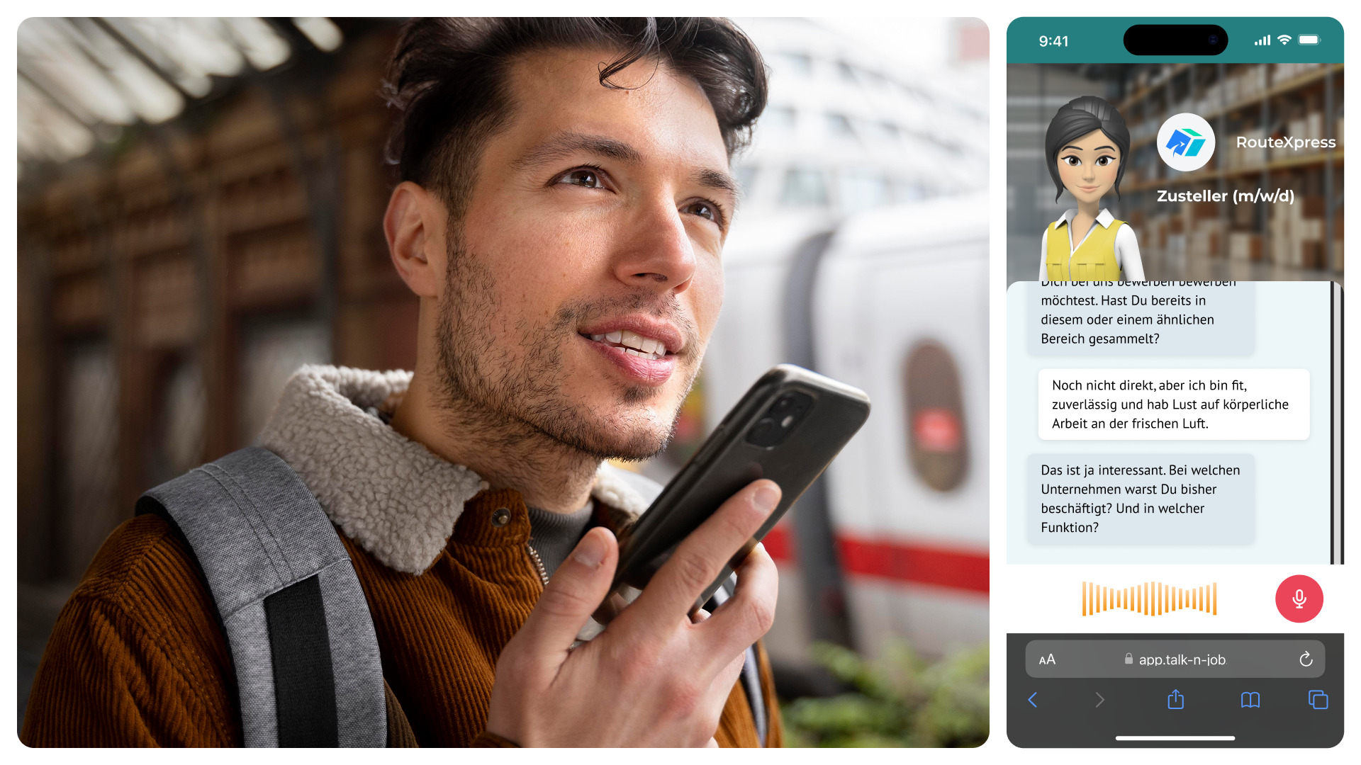 Mann bewirbt sich über Talk'n'Job Junger Mann nutzt sein Smartphone, um sich als Zusteller über die Talk’n’Job-App zu bewerben