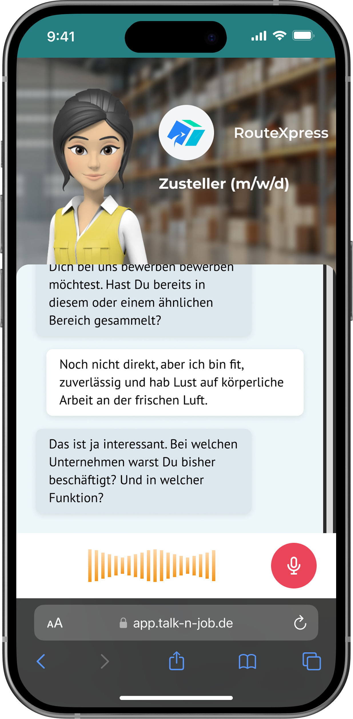 Chat_Mockup_DE_Logistics_Chat-Verlauf Talk'n'Job's Chat for Logistics