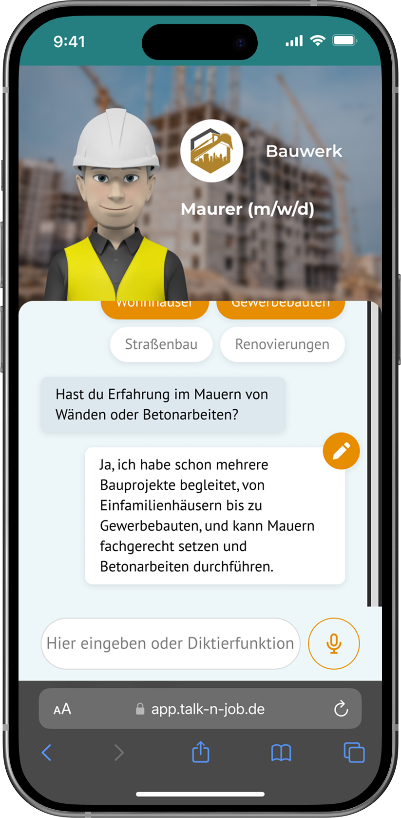 Chat-Mockup_DE_Bau_Maurer Talk'n'Job's Chat for Logistics