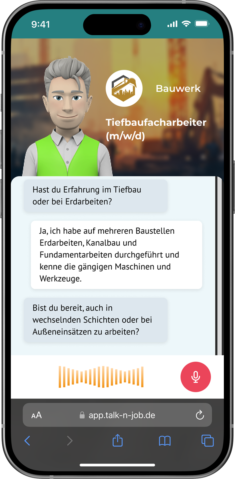 Chat-Mockup_DE_Bau_Tieffachbauarbeiter Talk'n'Job's Chat for Logistics