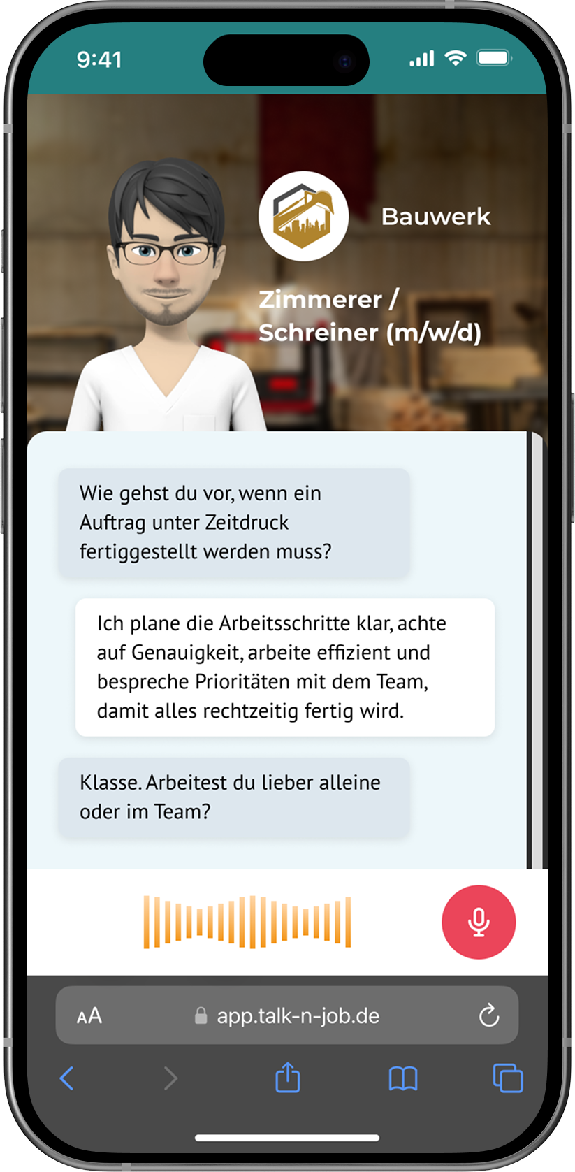 Chat-Mockup_DE_Bau_Zimmerer Talk'n'Job's Chat for Logistics